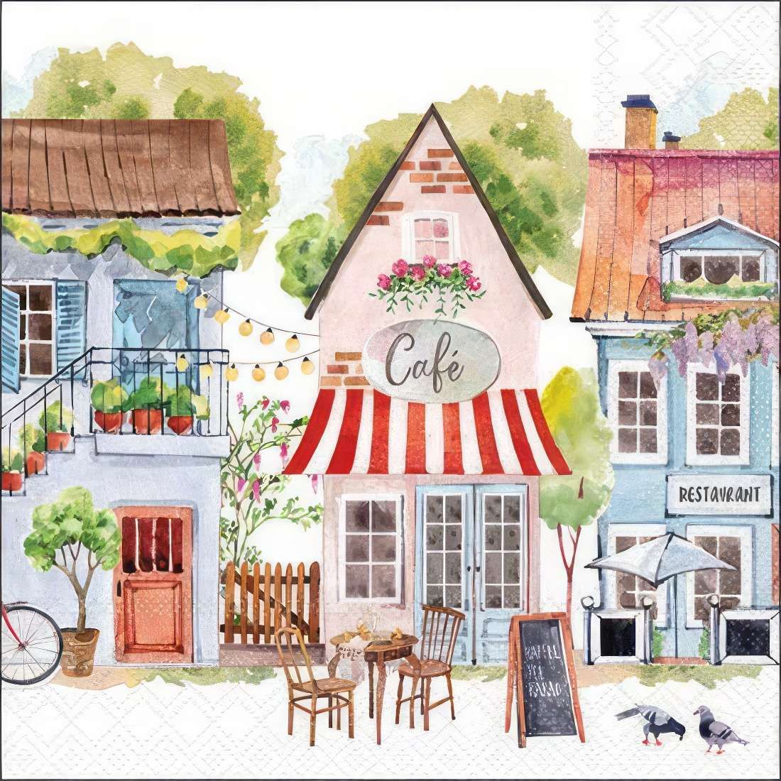 Decoupage Paper Napkins - Outdoor/Scenic - Cottages

This whimsical decoupage napkin features a picturesque street scene with a cozy café in the center, flanked by quaint buildings with vibrant facades. The delicate watercolor style captures the essence of a serene European village, complete with outdoor seating, blooming flowers, and string lights that create a warm, inviting ambiance. Perfect for adding a touch of rustic charm to your DIY crafts and decoupage projects.
