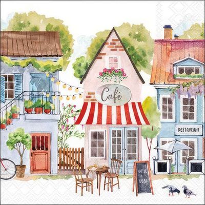 Decoupage Paper Napkins - Outdoor/Scenic - Cottages

This whimsical decoupage napkin features a picturesque street scene with a cozy café in the center, flanked by quaint buildings with vibrant facades. The delicate watercolor style captures the essence of a serene European village, complete with outdoor seating, blooming flowers, and string lights that create a warm, inviting ambiance. Perfect for adding a touch of rustic charm to your DIY crafts and decoupage projects.
