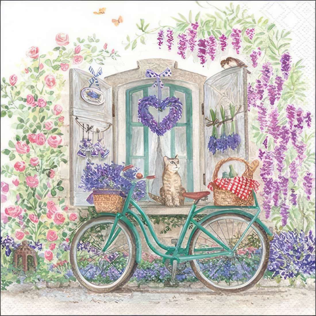 Decoupage Paper Napkins - Outdoor/Scenic - Bike With Basket

Transport yourself to a serene countryside with this enchanting decoupage napkin, featuring a vintage green bicycle resting against a charming cottage window. Surrounded by cascading lavender, blooming roses, and delicate greenery, this picturesque scene evokes the essence of a peaceful summer day. A curious cat sits by the window, while a woven basket with a gingham cloth hints at a delightful picnic. Perfect for decoupage, scrapbooking, and creative crafting, this beautifully detailed watercolor design brings warmth and elegance to any project. Ideal for adding a touch of rustic French charm to trays, coasters, furniture, and more!
