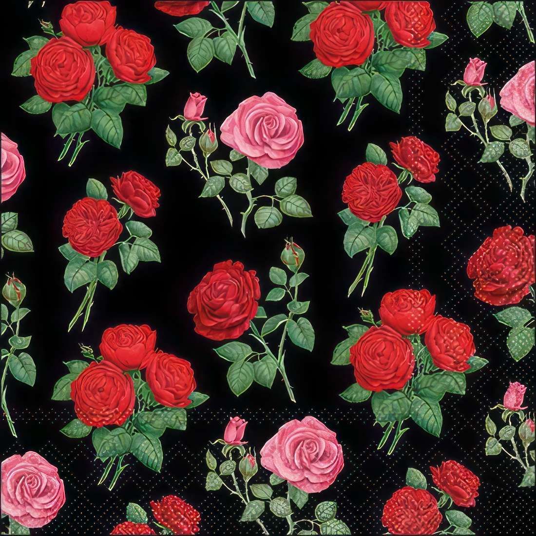 Decoupage Paper Napkins - Floral - Hailey Black

This decoupage paper napkin showcases a striking floral design featuring lush red and pink roses against a bold black background. The detailed artwork captures the beauty of full-bloom roses, delicate rosebuds, and rich green foliage, creating a dramatic and elegant contrast. The intricate shading and realistic textures add depth, making this napkin ideal for vintage, romantic, or gothic-inspired crafts, scrapbooking, and decorative projects. Perfect for adding a touch of sophistication to any creative endeavor.