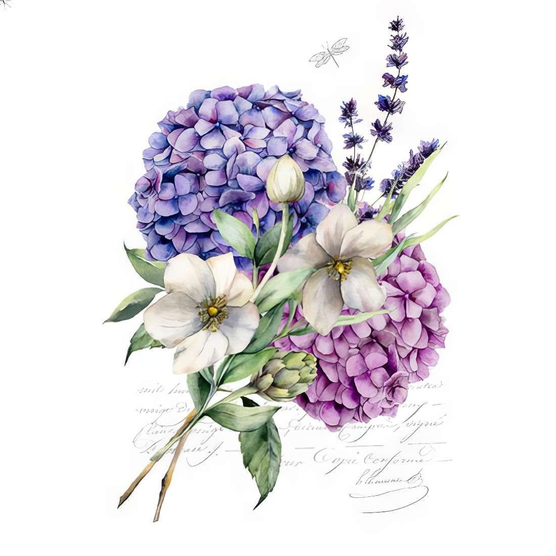 Decoupage Paper Napkins - Floral - Ramillete de Hortensias

This beautifully designed decoupage paper napkin features a delicate watercolor-style illustration of lush hydrangeas in shades of lavender and lilac, accompanied by soft white blossoms and sprigs of fragrant lavender. The intricate details, gentle color blending, and subtle calligraphy in the background create a vintage yet timeless aesthetic. Perfect for enhancing DIY craft project and decorative table settings, this napkin brings a touch of nature-inspired elegance to any creation.

