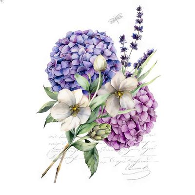 Decoupage Paper Napkins - Floral - Ramillete de Hortensias

This beautifully designed decoupage paper napkin features a delicate watercolor-style illustration of lush hydrangeas in shades of lavender and lilac, accompanied by soft white blossoms and sprigs of fragrant lavender. The intricate details, gentle color blending, and subtle calligraphy in the background create a vintage yet timeless aesthetic. Perfect for enhancing DIY craft project and decorative table settings, this napkin brings a touch of nature-inspired elegance to any creation.

