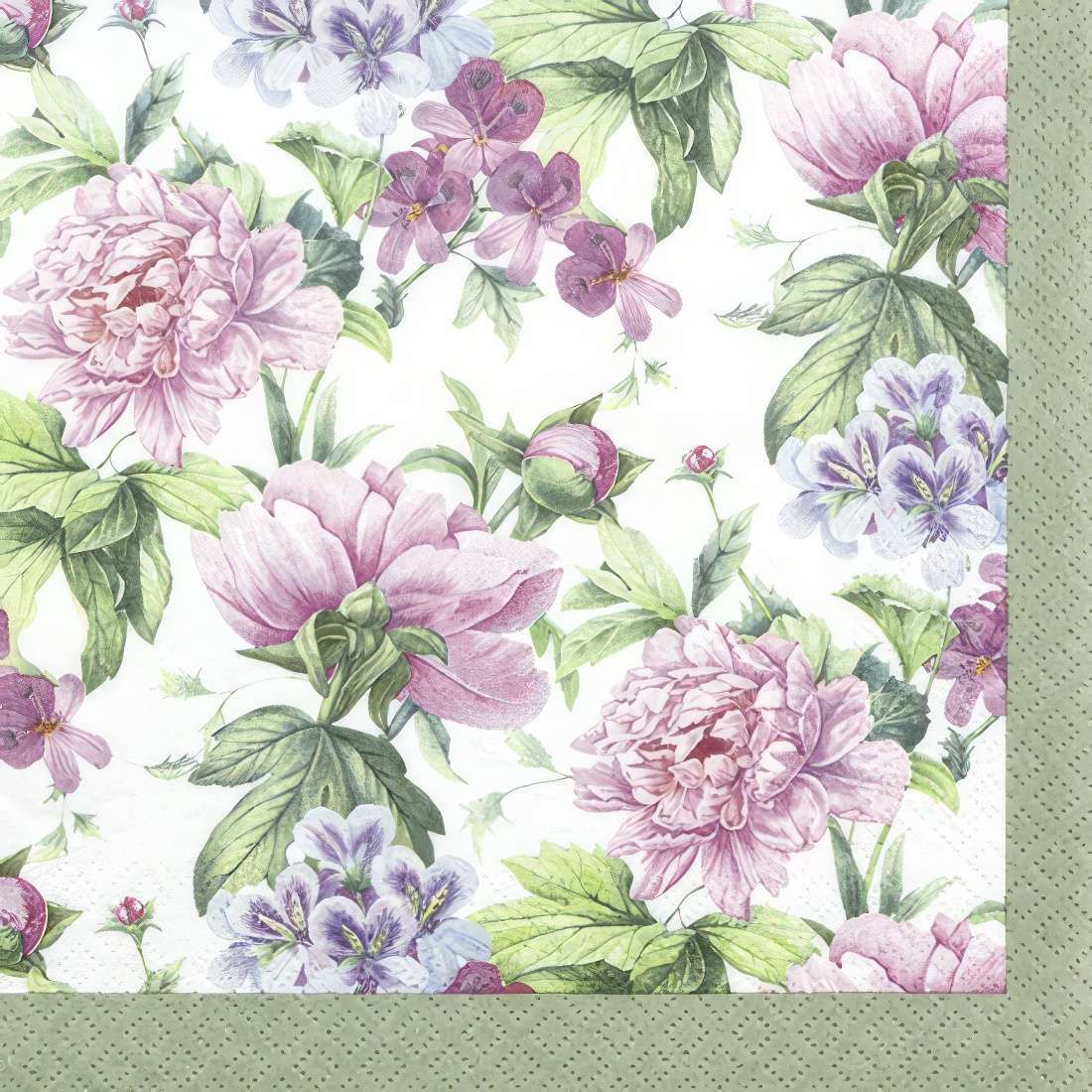 Decoupage Paper Napkins - Floral - Botanical Romance

This elegant decoupage paper napkin features a lush floral design with delicate pink peonies, soft lilac blossoms, and vibrant green foliage, all beautifully illustrated in a classic botanical style. The intricate details and gentle pastel hues create a romantic and timeless aesthetic, enhanced by a subtle sage-green border. Perfect for crafting, scrapbooking, and decorating special occasions, this napkin brings a touch of vintage charm and floral sophistication to any project.

