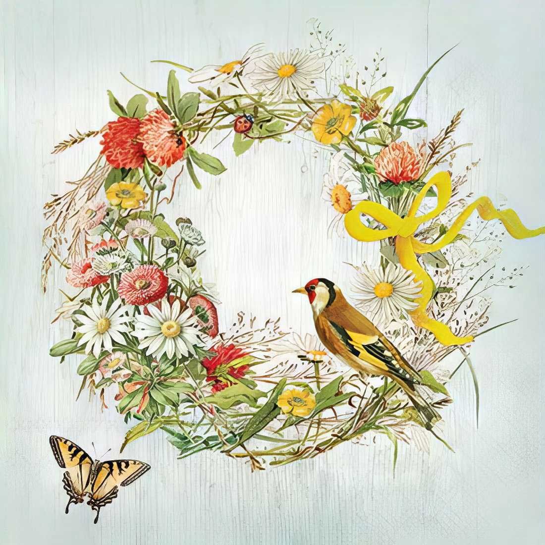 Decoupage Paper Napkins - Bird - Wreath With Ribbon

This beautifully detailed decoupage paper napkin showcases a charming floral wreath adorned with wildflowers, daisies, and delicate greenery, all tied together with a cheerful yellow ribbon. A vibrant goldfinch perches gracefully among the blooms, while a fluttering butterfly and tiny ladybugs add a touch of nature’s magic. Set against a soft, rustic wooden background, this napkin is perfect for spring and summer crafts and scrapbooking, bringing a fresh and timeless countryside charm to any project.

