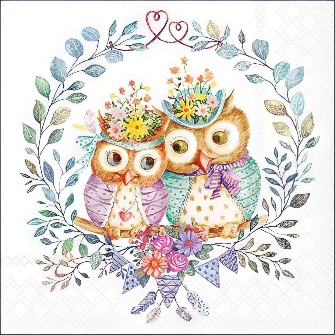 Decoupage Paper Napkins - Bird - Owl Couple In Love

This charming decoupage paper napkin features an adorable illustration of two owls dressed in vintage-inspired attire, nestled within a delicate floral wreath. Their expressive eyes, cozy knitted outfits, and whimsical flower-adorned hats create a heartwarming and romantic scene, enhanced by soft pastel tones and intricate botanical details. Perfect for crafting, scrapbooking, and special occasion decorations, this napkin brings a touch of woodland enchantment and rustic charm to any creative project.