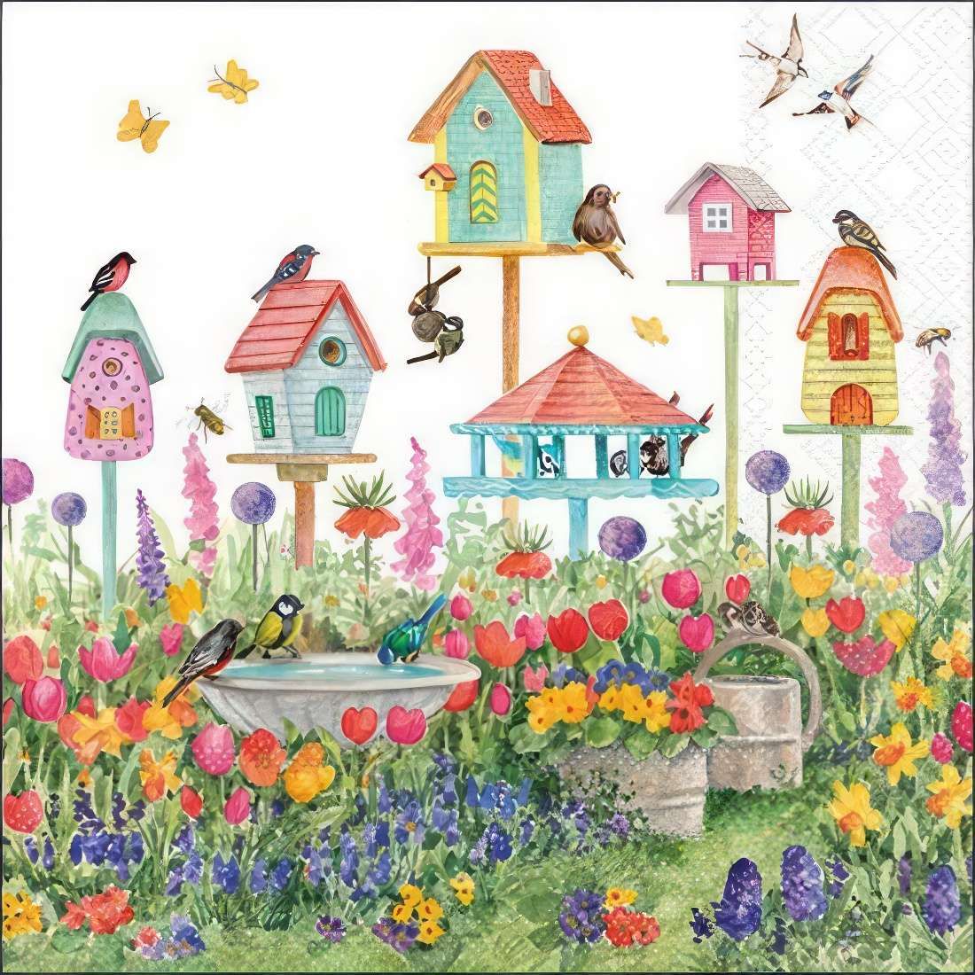 Decoupage Paper Napkins - Bird - Birdhouses

This delightful decoupage paper napkin features a whimsical garden filled with colorful birdhouses, vibrant flowers, and cheerful birds. A variety of beautifully designed birdhouses stand tall among blooming tulips, lupines, and wildflowers, creating a lively and picturesque scene. Birds flutter, perch, and enjoy a refreshing dip in the birdbath, while butterflies dance through the air. Perfect for spring and summer crafts, this napkin brings a joyful and enchanting touch to your DIY projects