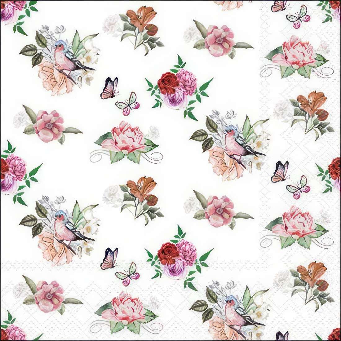 Decoupage Paper Napkins - Floral - Charlotte White

This beautifully designed paper napkin features a delicate vintage-inspired pattern with watercolor-style floral arrangements, charming songbirds, and fluttering butterflies. The soft pastel hues of pink, peach, and cream blend harmoniously with the lush green foliage, creating a romantic and artistic appeal. Subtle lace-like detailing along the edges adds a touch of sophistication, making it perfect for DIY decoupage, crafting, or enhancing table settings with a touch of nature and elegance. Ideal for shabby chic, botanical, or vintage-themed projects.
