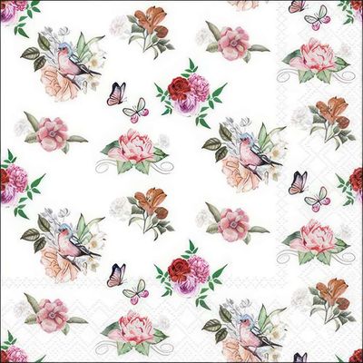 Decoupage Paper Napkins - Floral - Charlotte White

This beautifully designed paper napkin features a delicate vintage-inspired pattern with watercolor-style floral arrangements, charming songbirds, and fluttering butterflies. The soft pastel hues of pink, peach, and cream blend harmoniously with the lush green foliage, creating a romantic and artistic appeal. Subtle lace-like detailing along the edges adds a touch of sophistication, making it perfect for DIY decoupage, crafting, or enhancing table settings with a touch of nature and elegance. Ideal for shabby chic, botanical, or vintage-themed projects.
