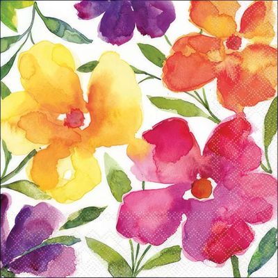 Decoupage Paper Napkins - Floral - Happy Bloomers

This vibrant decoupage paper napkin showcases a stunning watercolor floral design, featuring bold blooms in shades of yellow, red, orange, pink, and purple. The expressive brushstrokes and delicate blending of colors create a lively and artistic effect, while the lush green leaves add a fresh, natural touch. Set against a crisp white background, this design exudes a bright and cheerful energy, making it perfect for spring and summer-themed crafts, table settings, and DIY projects. Ideal for adding a burst of color to any creative endeavor!
