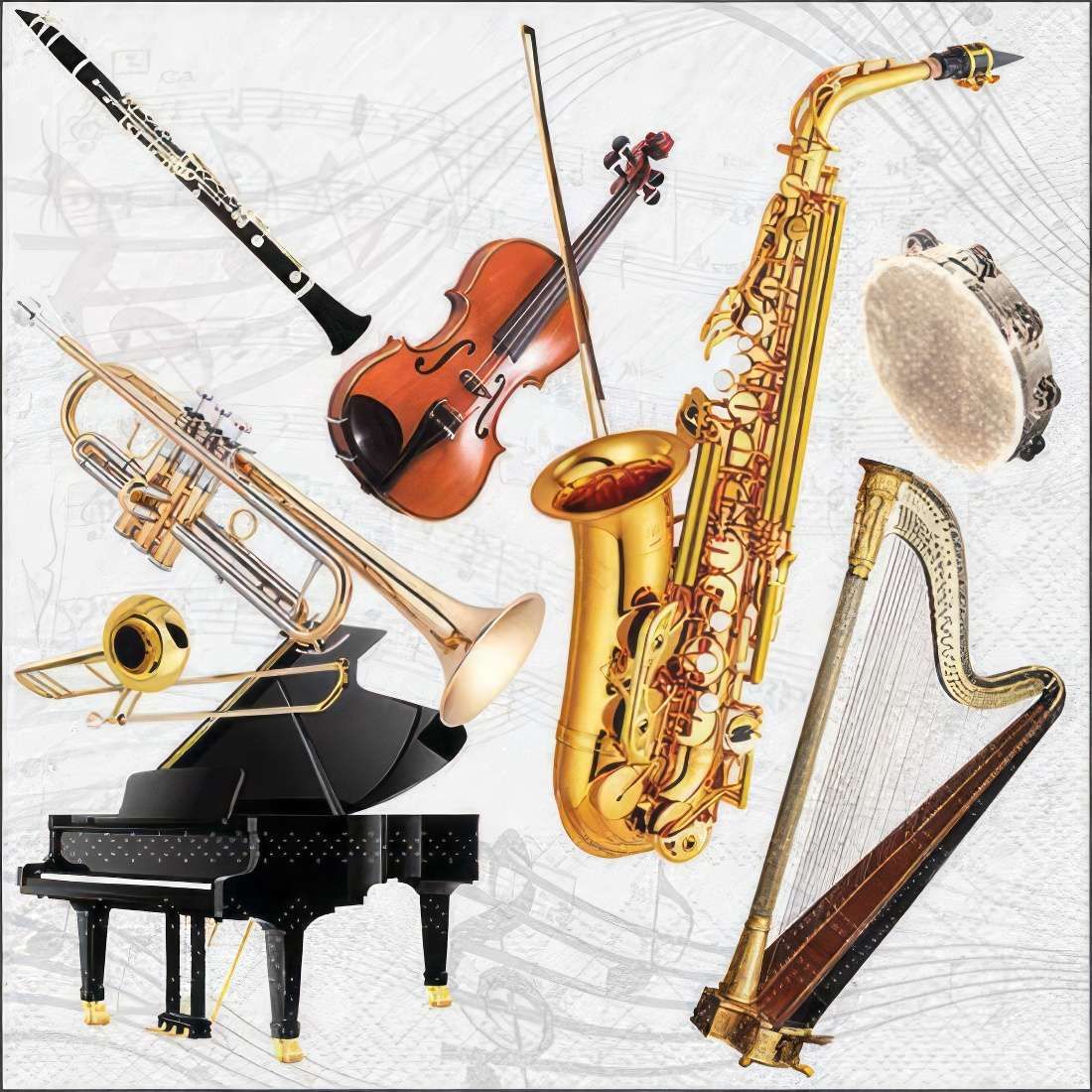Decoupage Paper Napkins - Music - Music Instruments 

This elegant decoupage paper napkin features a beautifully detailed arrangement of musical instruments, including a saxophone, violin, trumpet, clarinet, tambourine, harp, and grand piano. Set against a subtle background of musical notes and sheet music, the design exudes a sense of harmony and sophistication. The golden tones of the brass instruments contrast beautifully with the rich wood textures of the stringed instruments, making this napkin perfect for music lovers, themed events, and creative craft projects celebrating the joy of music.
