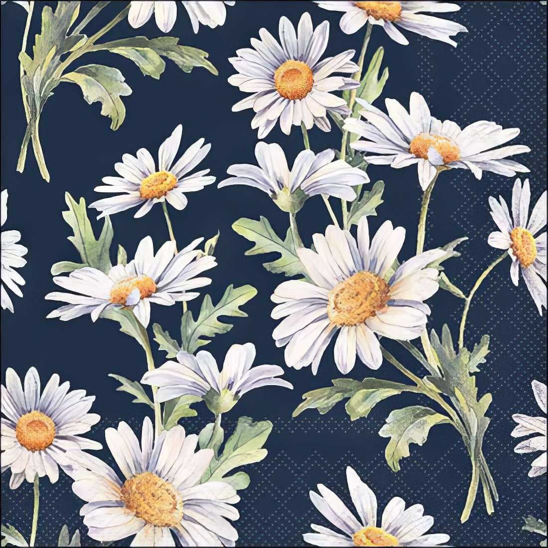 Decoupage Paper Napkins - Floral - Beautiful Daisies Blue

This elegant decoupage paper napkin showcases a stunning floral design featuring delicate white daisies with golden-yellow centers, set against a rich navy blue background. The intricate watercolor-style artwork captures the natural beauty of the flowers, with lush green leaves adding a fresh and lively touch. The dark backdrop enhances the vibrancy of the daisies, making this napkin perfect for crafting, DIY projects, or adding a sophisticated floral accent to table settings. Ideal for botanical, country-chic, or vintage-inspired themes.
