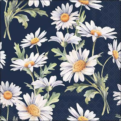 Decoupage Paper Napkins - Floral - Beautiful Daisies Blue

This elegant decoupage paper napkin showcases a stunning floral design featuring delicate white daisies with golden-yellow centers, set against a rich navy blue background. The intricate watercolor-style artwork captures the natural beauty of the flowers, with lush green leaves adding a fresh and lively touch. The dark backdrop enhances the vibrancy of the daisies, making this napkin perfect for crafting, DIY projects, or adding a sophisticated floral accent to table settings. Ideal for botanical, country-chic, or vintage-inspired themes.
