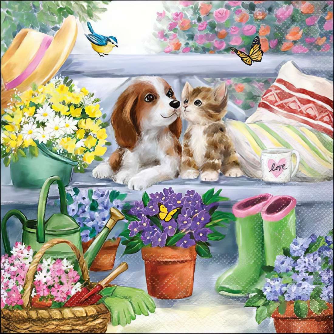 Decoupage Paper Napkins - Outdoor/Scenic - Bench Friends

This charming decoupage paper napkin features a heartwarming scene of a puppy and kitten sharing a sweet moment on a cozy garden bench. Surrounded by vibrant flowers in shades of yellow, purple, and pink, the setting is enriched with gardening tools, a woven basket, and a pair of green rubber boots. A cup with the word &quot;Love&quot; adds to the warm and inviting atmosphere. Delicate butterflies and a small bluebird bring a touch of whimsy, making this design perfect for springtime crafts, shabby chic decor, or any project that celebrates nature, friendship, and love.
