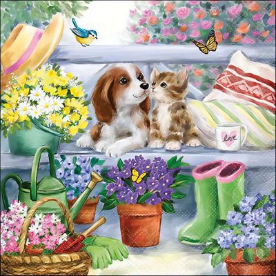 Decoupage Paper Napkins - Outdoor/Scenic - Bench Friends

This charming decoupage paper napkin features a heartwarming scene of a puppy and kitten sharing a sweet moment on a cozy garden bench. Surrounded by vibrant flowers in shades of yellow, purple, and pink, the setting is enriched with gardening tools, a woven basket, and a pair of green rubber boots. A cup with the word &quot;Love&quot; adds to the warm and inviting atmosphere. Delicate butterflies and a small bluebird bring a touch of whimsy, making this design perfect for springtime crafts, shabby chic decor, or any project that celebrates nature, friendship, and love.
