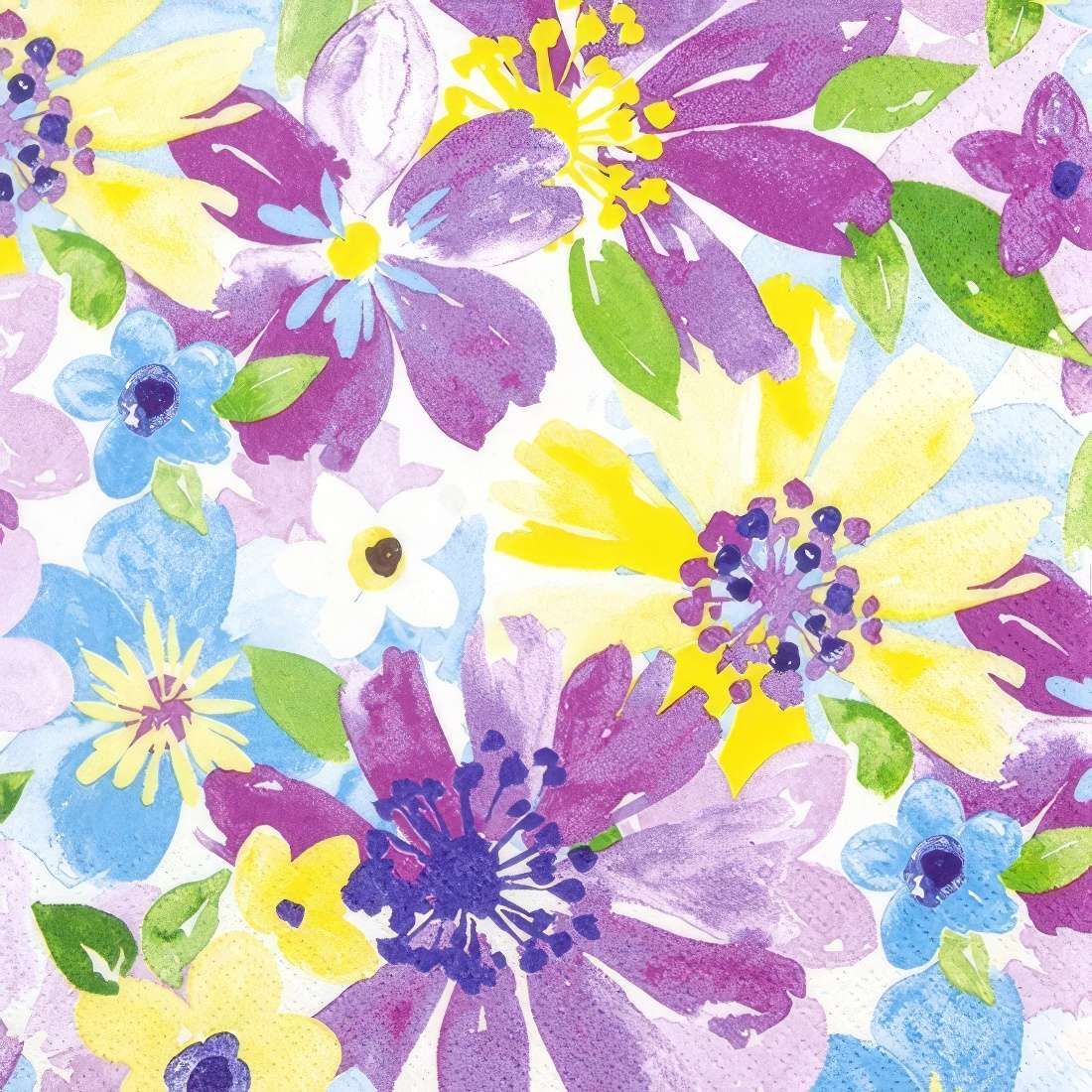Decoupage Paper Napkins - Floral - Vibrant Blossoms

Brighten up your crafts with the lively charm of the Vibrant Blossoms napkin, bursting with watercolor-style florals in bold purples, sunny yellows, soft blues, and lush greens. This playful, painterly design radiates joy and spontaneity, making it perfect for spring and summer-themed projects. Ideal for decoupage, card-making or mixed media art, this napkin adds a cheerful splash of color and creativity to any piece.
