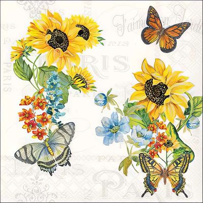 Decoupage Paper Napkins - Floral - Charming Sunflowers

Add a burst of sunshine to your craft projects with this vibrant decoupage napkin, featuring radiant yellow sunflowers, delicate wildflowers in shades of blue and red, and a flutter of beautifully illustrated butterflies. Set against a subtle vintage Paris-themed background, this design evokes the warmth of a summer garden in full bloom. Perfect for decoupage, scrapbooking, journaling, or upcycling projects, this high-quality napkin brings a touch of elegance and nature-inspired beauty to any creation.
