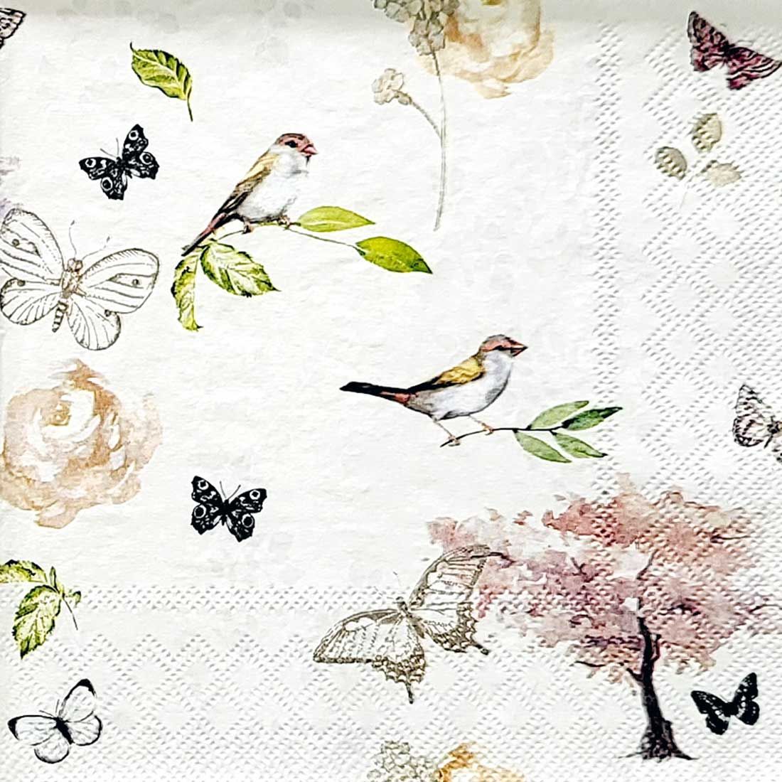 Decoupage Paper Napkins - Bird - Birds And Butterflies

Celebrate the gentle beauty of nature with this charming decoupage paper napkin. Featuring delicate birds perched on leafy branches, fluttering butterflies, and soft watercolor-style florals and trees, this design offers a serene and vintage-inspired aesthetic. The light, neutral tones make it perfect for romantic crafts, spring-themed projects, and shabby-chic settings. Ideal for decoupage, card making, and mixed media art.
