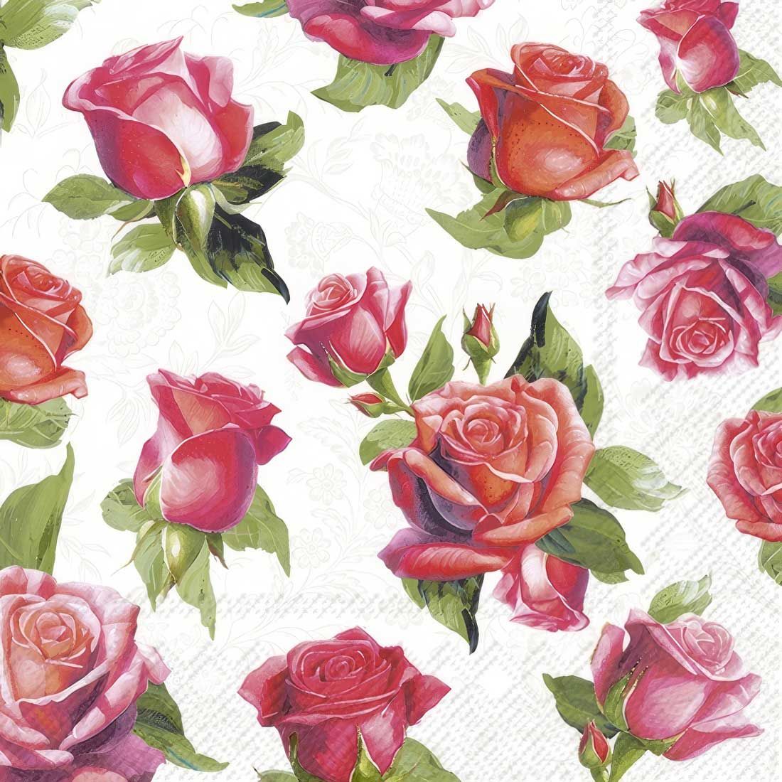 Decoupage Paper Napkins - Floral - Elegant Roses 

Classic and timeless, this decoupage napkin features a graceful pattern of blooming roses in rich shades of red, rose pink, and blush, accented by fresh green foliage. The detailed, almost hand-painted look of each flower pops beautifully against the subtle light floral background, lending an air of sophistication and romance. Ideal for vintage-style crafts, romantic table settings, shabby chic décor, and elegant paper projects.
