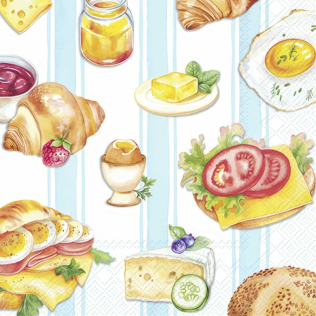 Decoupage Paper Napkins - Food &amp; Drinks - Start Your Day Light Blue

Brighten up your crafts or table setting with this charming breakfast-themed decoupage napkin. Featuring a delightful watercolor-style illustration of classic morning favorites like croissants, soft-boiled eggs, toast with cheese and tomato, honey jars, butter, sliced cheese, and fresh fruits - this napkin radiates cozy morning vibes. Set against soft light blue vertical stripes, it brings a fresh and cheerful touch to any DIY project, from home décor to art journaling or gift wrapping. Perfect for Decoupage and mixed media and Farmhouse or French country-themed crafts.
