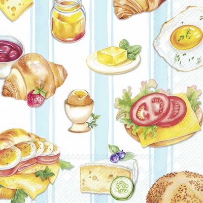 Decoupage Paper Napkins - Food &amp; Drinks - Start Your Day Light Blue

Brighten up your crafts or table setting with this charming breakfast-themed decoupage napkin. Featuring a delightful watercolor-style illustration of classic morning favorites like croissants, soft-boiled eggs, toast with cheese and tomato, honey jars, butter, sliced cheese, and fresh fruits - this napkin radiates cozy morning vibes. Set against soft light blue vertical stripes, it brings a fresh and cheerful touch to any DIY project, from home décor to art journaling or gift wrapping. Perfect for Decoupage and mixed media and Farmhouse or French country-themed crafts.
