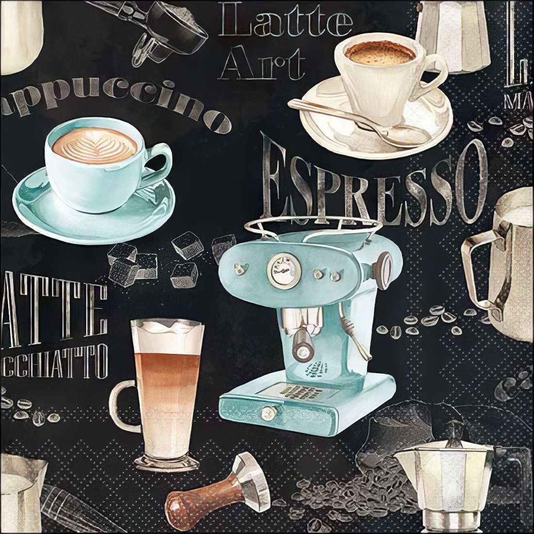 Decoupage Paper Napkins - Food &amp; Drinks - Barista Black

Indulge your love for coffee with this elegant barista-inspired decoupage napkin featuring a vintage-style espresso machine, latte art, cappuccinos, and macchiatos. Set against a rich blackboard-style background with artistic chalk lettering, coffee beans, and brewing tools, this napkin captures the cozy, aromatic charm of a classic café scene. The perfect accent for coffee-themed crafts, kitchen décor, or handmade gifts for coffee lovers. Perfect for Coffee bar décor and Decoupage projects &amp; scrapbooking.
