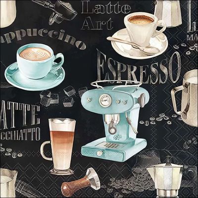 Decoupage Paper Napkins - Food &amp; Drinks - Barista Black

Indulge your love for coffee with this elegant barista-inspired decoupage napkin featuring a vintage-style espresso machine, latte art, cappuccinos, and macchiatos. Set against a rich blackboard-style background with artistic chalk lettering, coffee beans, and brewing tools, this napkin captures the cozy, aromatic charm of a classic café scene. The perfect accent for coffee-themed crafts, kitchen décor, or handmade gifts for coffee lovers. Perfect for Coffee bar décor and Decoupage projects &amp; scrapbooking.
