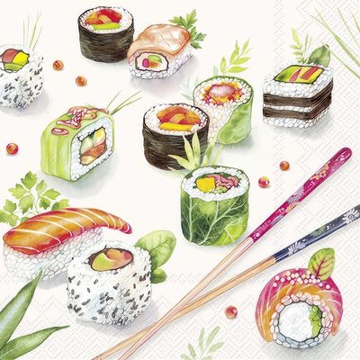Decoupage Paper Napkins - Food &amp; Drinks - Sushi Light Grey

Add a fresh, artistic twist to your crafts with this vibrant sushi-themed decoupage napkin. Featuring beautifully illustrated sushi rolls, nigiri, and maki wrapped in seaweed, cucumber, and leafy greens, this design bursts with color and authentic Japanese flair. Accented with elegant chopsticks and delicate herb details on a soft light grey background, it’s the perfect choice for food lovers and themed DIY projects. This is ideal for Japanese-themed parties and Culinary-inspired crafts
