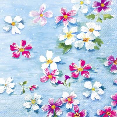 Decoupage Paper Napkins - Floral - Lizzy

Infuse your creations with the carefree joy of spring using the Lizzy decoupage paper napkin. This vibrant design features playful watercolor-style blossoms in shades of magenta, lilac, and white, set against a breezy sky-blue background. The scattered floral arrangement evokes the feel of petals drifting on water, making it ideal for lighthearted craft projects, seasonal décor, and joyful DIY accents. Perfect for spring, summer, or any time you want to add a splash of color and charm.