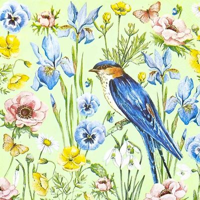 Decoupage Paper Napkins - Bird - Spring Blooms Light Green

Celebrate the joy of spring with this delightful decoupage napkin featuring a vivid bluebird perched among a meadow of blooming wildflowers. Set against a cheerful light green background, the design showcases delicate pansies, irises, anemones, and daisies in soft pastel hues, along with fluttering butterflies that add to its whimsical charm. Perfect for nature-inspired craft projects, Easter decor, and cheerful seasonal settings, this napkin brings a fresh burst of color and tranquility to any creation.

