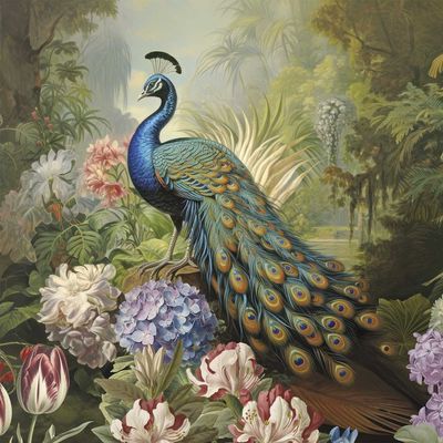 Decoupage Paper Napkins - Bird - Olympos

Elevate your craft projects with the regal beauty of the Olympos decoupage napkin, featuring a majestic peacock in all its glory. Surrounded by a lush array of blooming hydrangeas, tulips, and exotic foliage, the vivid blues, greens, and golds of the peacock’s plumage create a stunning contrast against the misty, tropical forest backdrop. This richly detailed, vintage-style illustration exudes sophistication and is perfect for luxurious decoupage, wall art, and upcycled décor projects with a touch of grandeur.
