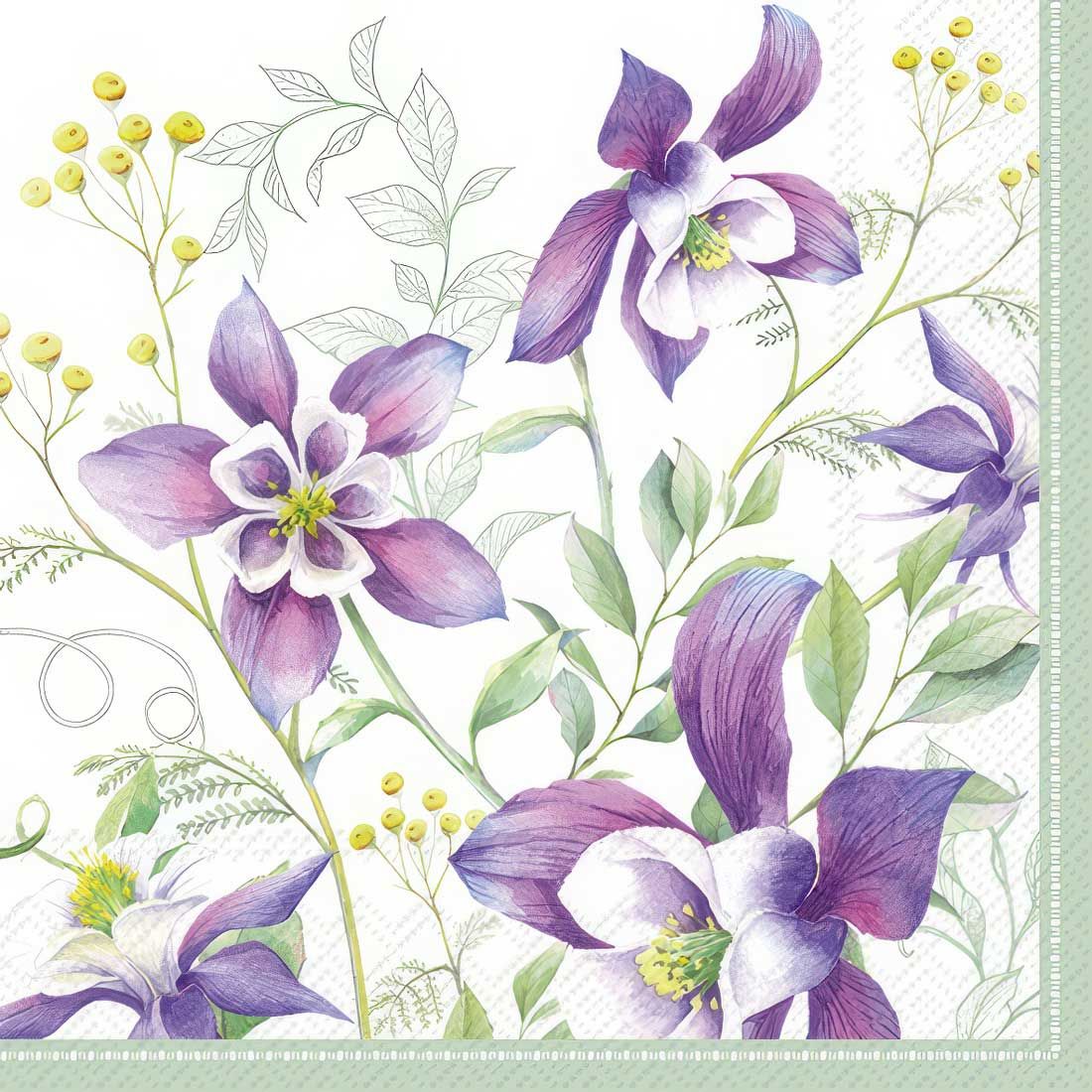 Decoupage Paper Napkins - Floral - Lilac Summertime Green

Add a touch of timeless charm to your crafts with this beautifully illustrated decoupage paper napkin. Featuring delicate purple columbine flowers in full bloom, accented with soft green foliage and sprigs of yellow buds, this design evokes a serene garden feel. The watercolor-style artwork set against a crisp white background offers both sophistication and versatility, making it perfect for decorating trays, boxes, candles, journals, and more. Ideal for spring-themed projects and floral enthusiasts.
