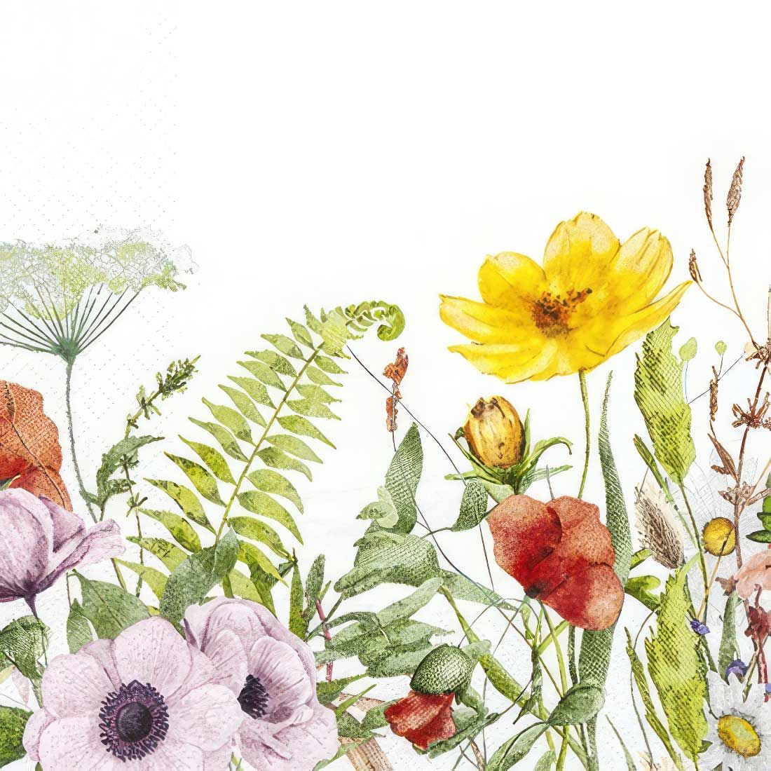 Decoupage Paper Napkins - Floral - Field Of Flowers

Bring the beauty of a blooming summer meadow to your creative projects with this stunning decoupage paper napkin. Featuring a naturalistic array of wildflowers - poppies, daisies, anemones, and ferns, this design captures the charm of untamed nature in soft, watercolor-inspired detail. The mix of warm yellows, earthy reds, and lush greens set against a white background adds a fresh, organic feel to any surface. Ideal for rustic décor, nature-themed crafts, and floral mixed media art.
