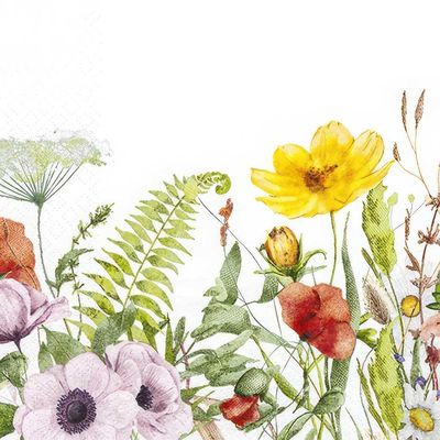 Decoupage Paper Napkins - Floral - Field Of Flowers

Bring the beauty of a blooming summer meadow to your creative projects with this stunning decoupage paper napkin. Featuring a naturalistic array of wildflowers - poppies, daisies, anemones, and ferns, this design captures the charm of untamed nature in soft, watercolor-inspired detail. The mix of warm yellows, earthy reds, and lush greens set against a white background adds a fresh, organic feel to any surface. Ideal for rustic décor, nature-themed crafts, and floral mixed media art.
