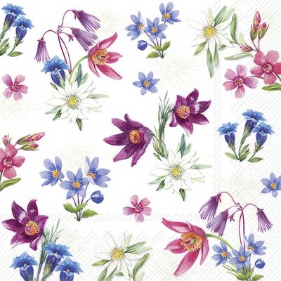 Decoupage Paper Napkins - Floral - Alpine Flowers Green

Celebrate the vibrant beauty of alpine flora with this charming decoupage paper napkin. Featuring an elegant assortment of hand-painted wildflowers—edelweiss, pasqueflowers, bluebells, and more—this design captures the essence of a mountain meadow in full bloom. With hues of violet, crimson, blue, and white set against a clean white background, it&#39;s perfect for spring and summer crafts, nature-themed décor, and floral art projects. Ideal for napkin art, mixed media, or gift embellishing.
