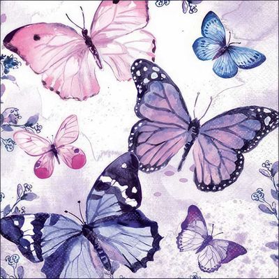 Decoupage Paper Napkins - Butterflies - Fluttering Butterflies Purple

Grace your craft projects with the delicate elegance of Fluttering Butterflies in Purple. This enchanting design features an array of watercolor butterflies in shades of lavender, violet, blush pink, and sky blue, set against a soft, dreamy background. Intricate wing patterns and subtle floral accents evoke a serene, romantic atmosphere — perfect for spring crafts, feminine themes, and nature-inspired décor.