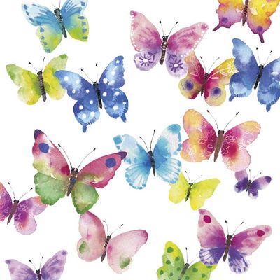 Decoupage Paper Napkins - Butterflies - Butterfly Phantasy

Add a whimsical touch to your crafts with this beautifully illustrated Butterfly Phantasy napkin. Featuring a vibrant array of watercolor butterflies in soft, dreamy hues of blue, pink, yellow, green, and purple, this design brings a sense of lightness and joy to any project. Perfect for decoupage, scrapbooking, card making, and mixed media art, each butterfly is delicately detailed, evoking a hand-painted charm that adds elegance and movement to your creations.Ideal for spring-themed, garden-inspired, or whimsical designs