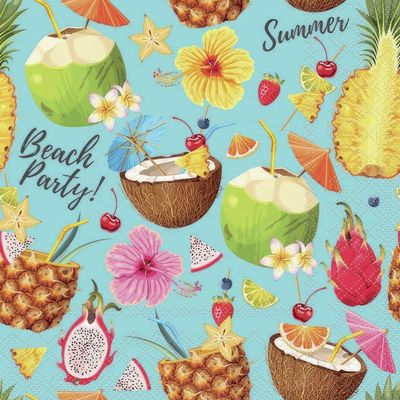 Decoupage Paper Napkins - Food &amp; Drinks - Beach Party Aqua

This vibrant decoupage paper napkin captures the essence of a tropical beach party with its colorful array of fruits, flowers, and refreshing coconut drinks. Pineapples, coconuts, starfruits, and dragon fruits intermingle with tropical blooms like hibiscus, creating a lively and festive atmosphere. The napkin&#39;s cheerful design, complete with cocktail umbrellas and the inviting message &quot;Beach Party!&quot;, evokes feelings of relaxation and summertime fun, making it an ideal choice for any beach-themed gathering or celebration.