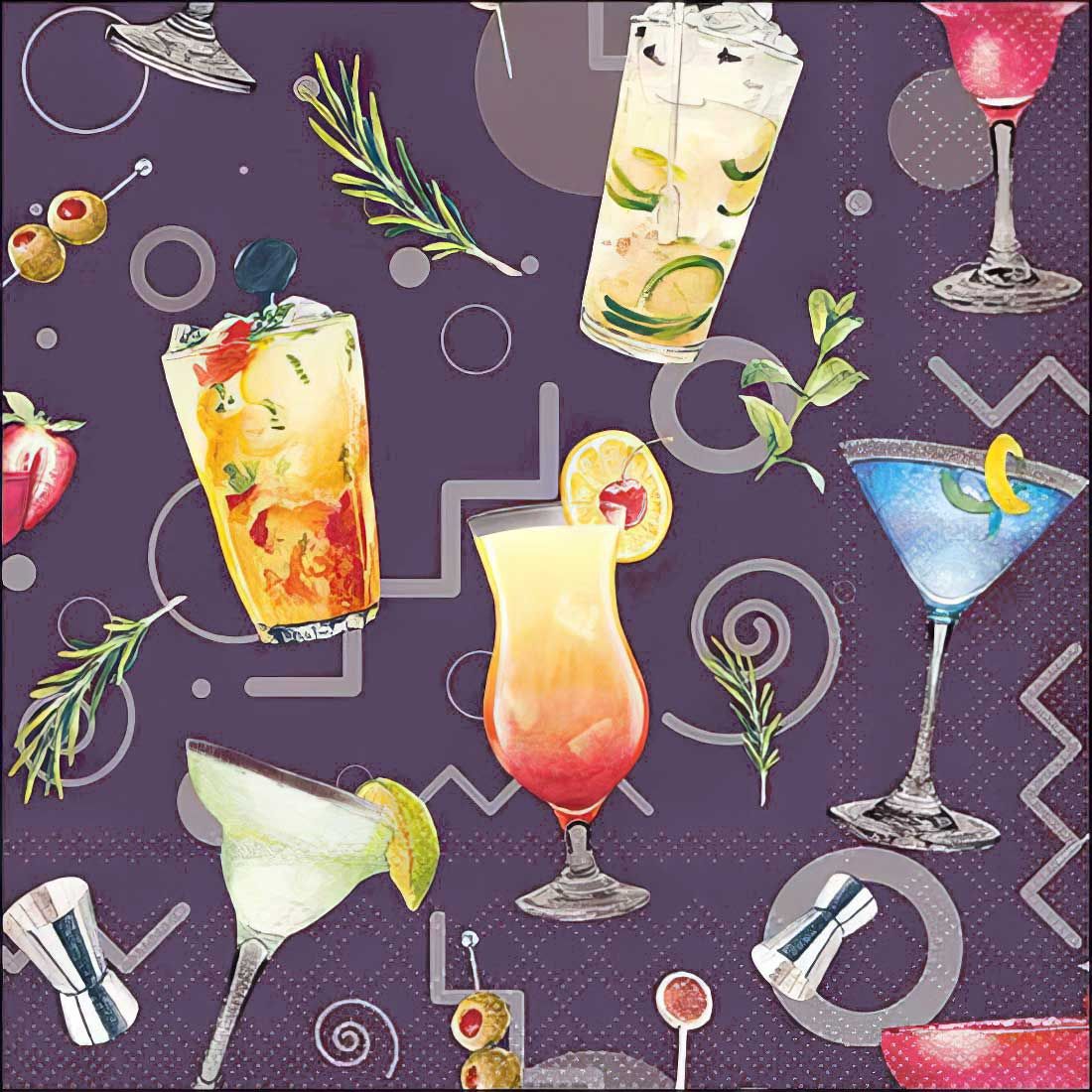 Decoupage Paper Napkins - Food &amp; Drinks - Cocktail Party Aubergine (1 Sheet)
