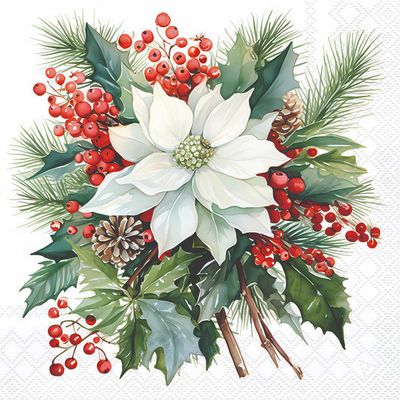 Decoupage Paper Napkins - Floral - Poinsettia Bouquet White (1 Sheet)