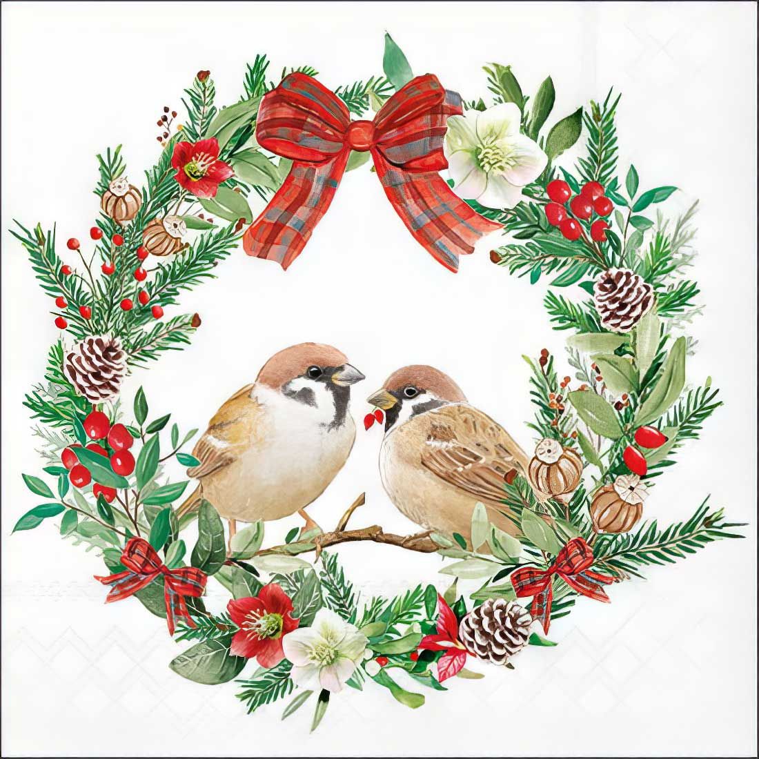 Decoupage Paper Napkins - Christmas/Xmas - Sparrows in Wreath (1 Sheet)
