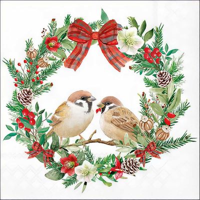 Decoupage Paper Napkins - Christmas/Xmas - Sparrows in Wreath (1 Sheet)