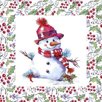 Decoupage Paper Napkins - Christmas/Xmas - Happy Snowmen In Hollyberry (1 Sheet)