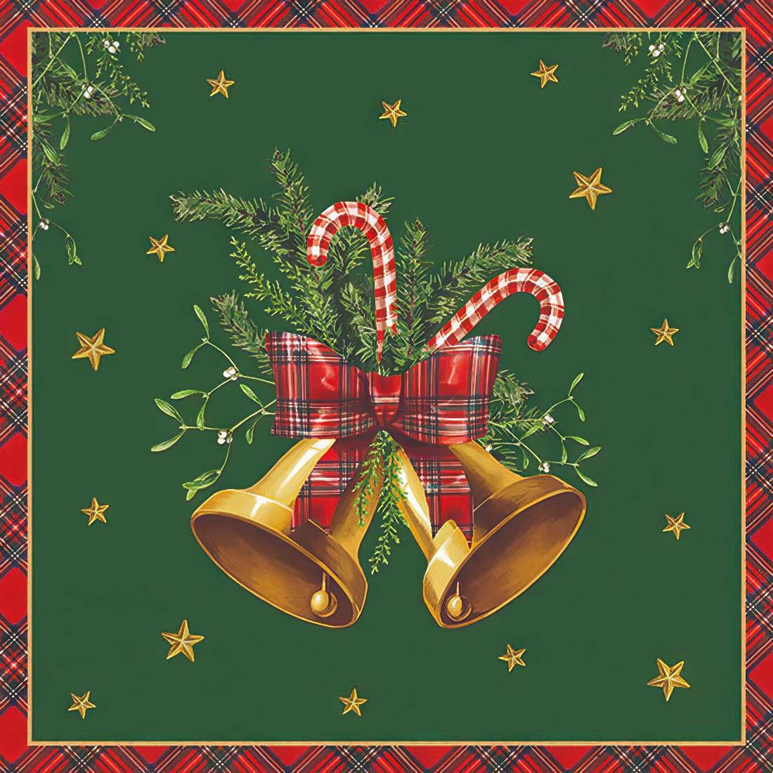 Decoupage Paper Napkins - Christmas/Xmas - Scottish Bells Green (1 Sheet)