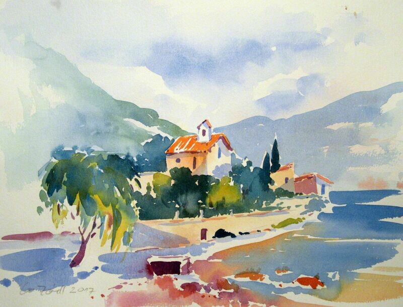 Aquarell, Alte Kirche am Gardasee