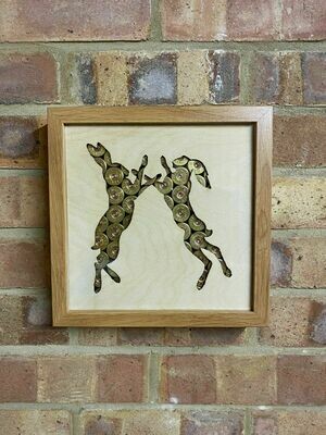 Boxing Hares (23cm x 23cm x 4.5cm Wood Frame)