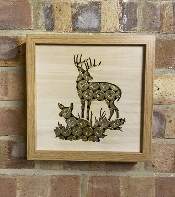 Stag and Doe In Grass (23cm x 23cm x 4.5cm Oak Frame)