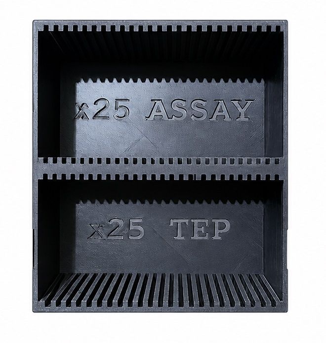 50/50 ASSAY/TEP storage box with lid (x50 TOTAL capacity) x25 assay with or without sleeves & x25 TEP