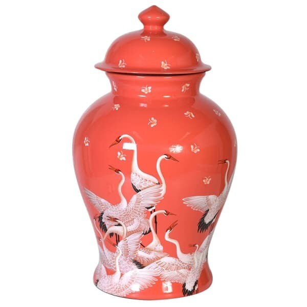 Coral Ginger Jar With Storks