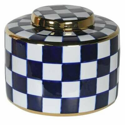 Blue and White Checkered Lidded Jar