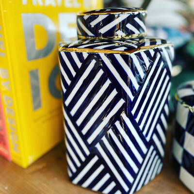 Blue and White Striped Lidded Jar